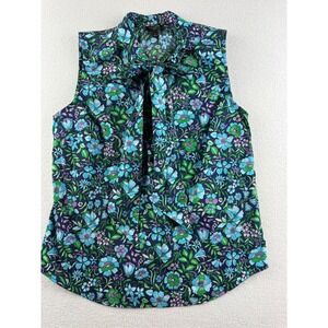 Talbots Petite Blue Floral Tie‎ Neck Sleeveless Cotton Blouse Top Size P
